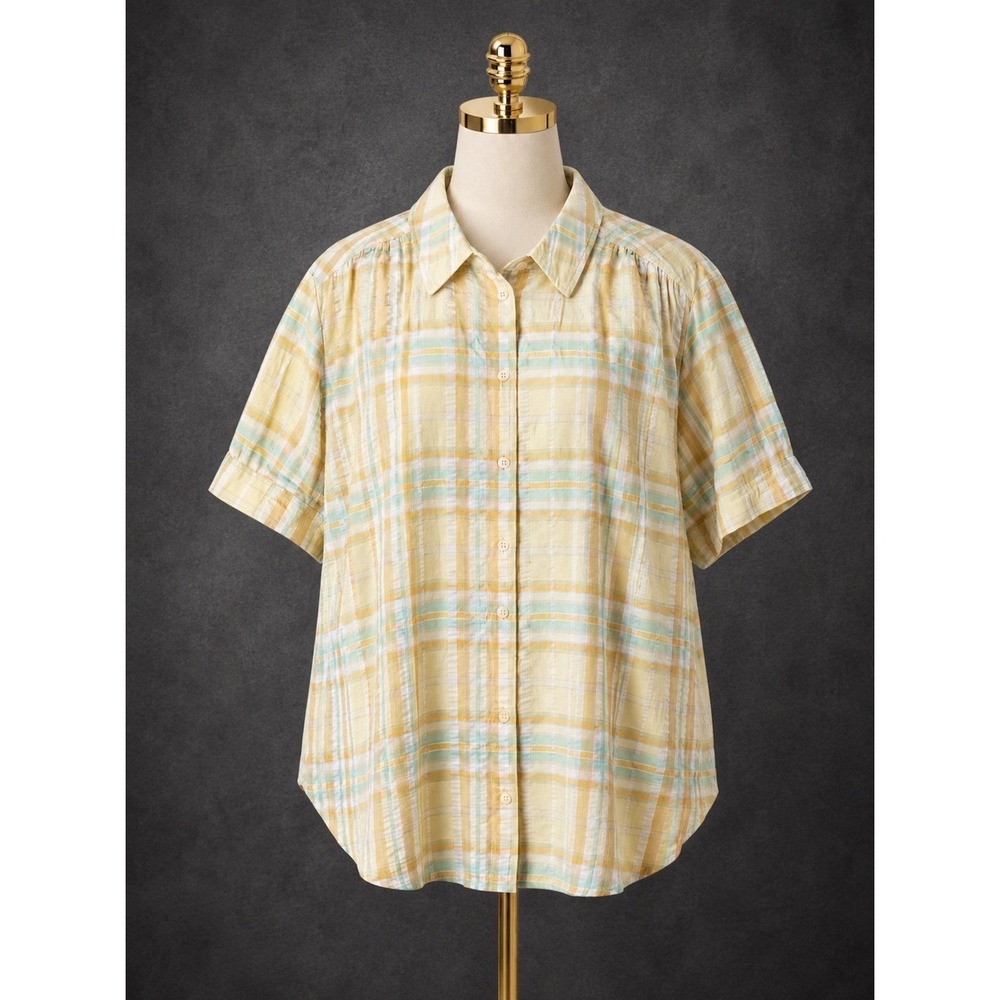 Denim & Co Plaid Seersucker Short Sleeve Shirt Button Up Shirt 3X Yellow A498313